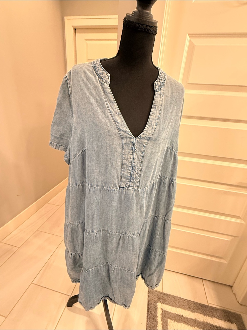 Light Blue Denim V-Neck Above Knee Length Dress